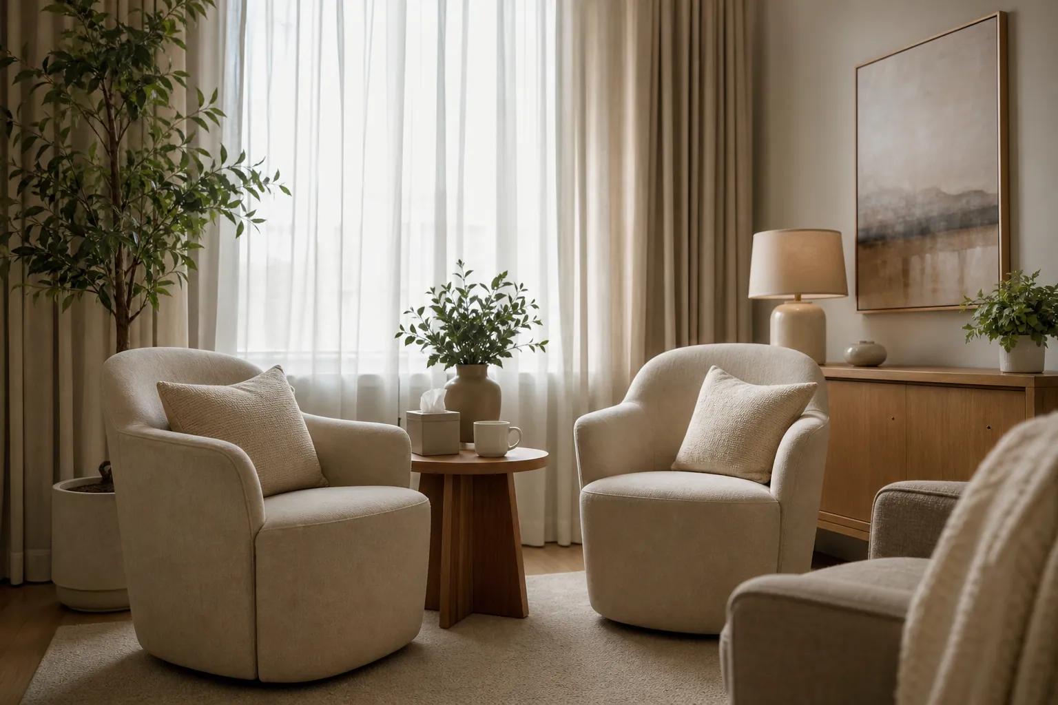 A calm, welcoming mediation consultation room in Tampa, Florida